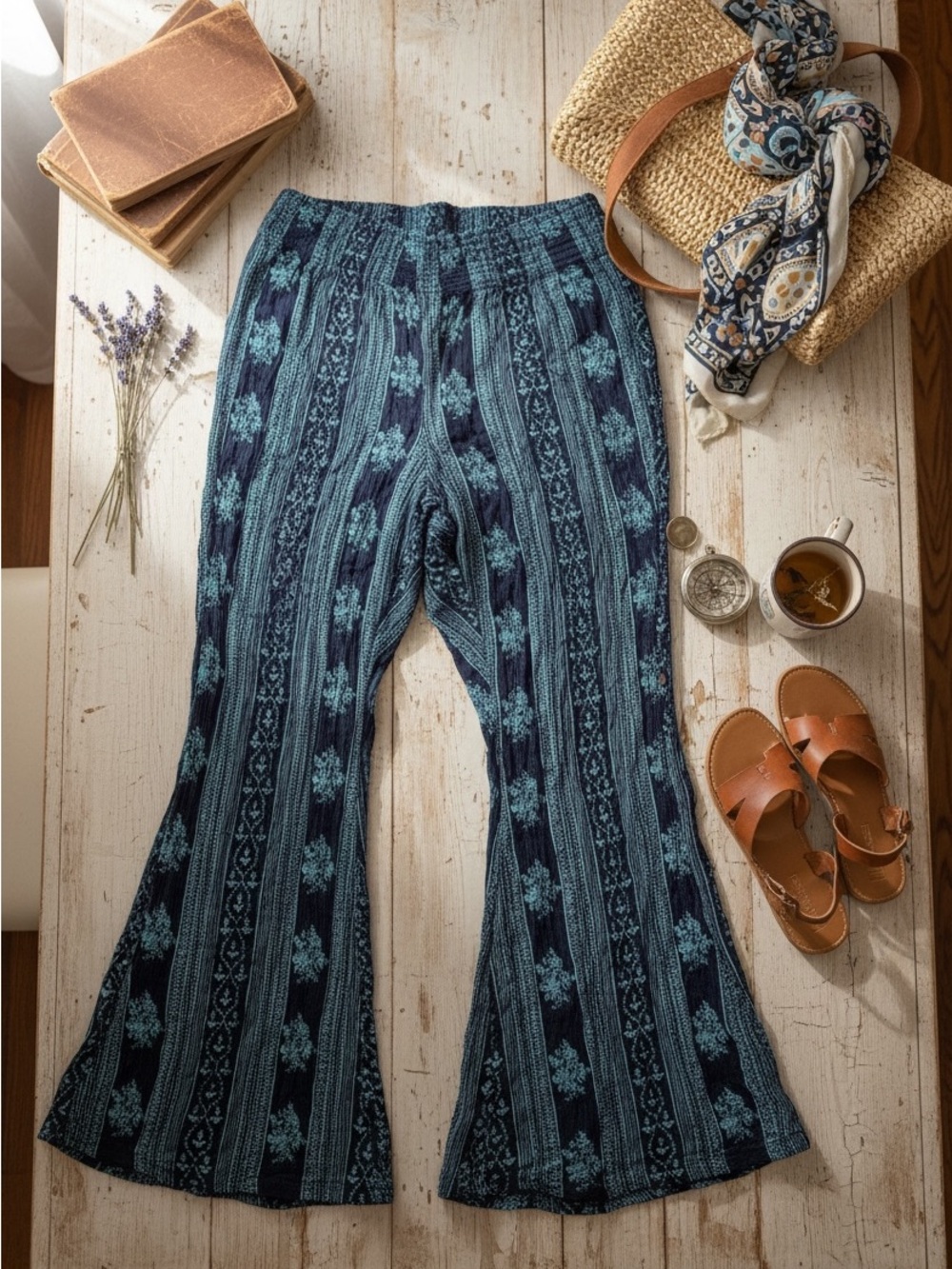 Forever 21 Navy and Teal Patterned Boot Cut Pants